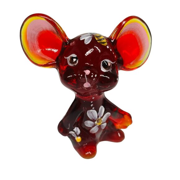 Fenton Glass Red Flower And Bee Hand Painted And Signed Mouse